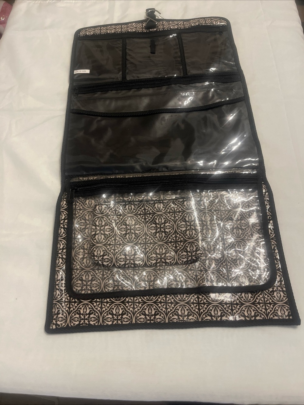 Hanging Travel Jewelry Organizer - Black and Cream Pattern
